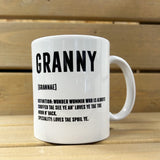 White porcelain 11oz mug for Granny with black lettering and Scottish definition.