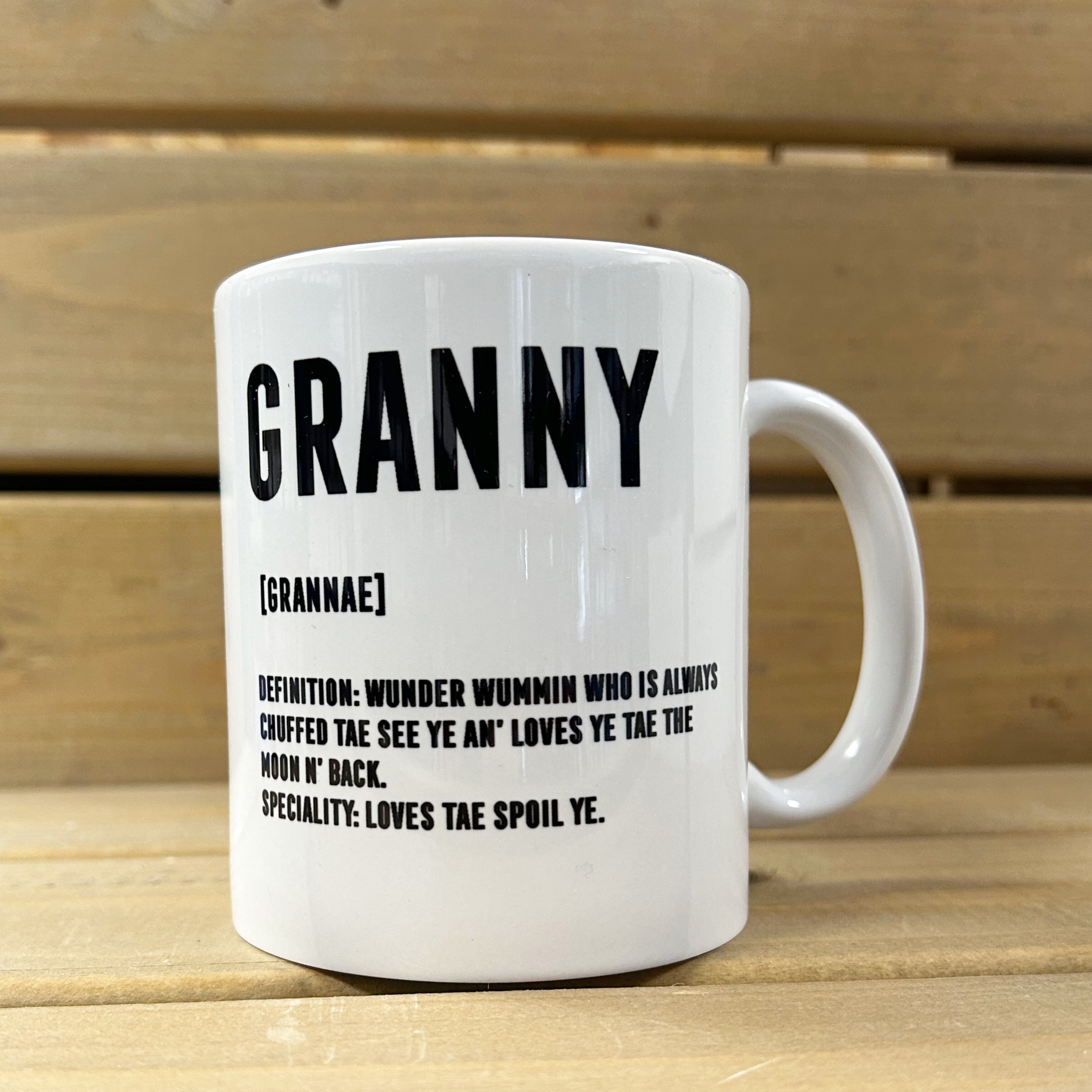 White porcelain 11oz mug for Granny with black lettering and Scottish definition.