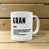White porcelain 11oz mug for Gran with black lettering and Scottish definition.