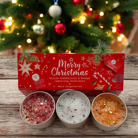 Three Christmas Tea-Light Candles in gift box with added sparkle