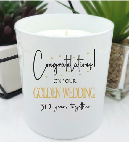 White gloss jar candle with text - congratulations on your golden wedding
