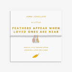 Joma jewellery stretch beaded bracelet with three hanging feather charms in silver, gold and rose gold plating presented on a foil stamped sentiment card.