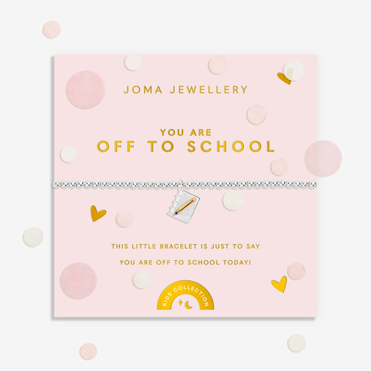 Joma jewellery girls stretch beaded bracelet with hanging book and pencil charm presented on a blush pink sentiment card.