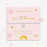 Joma jewellery girls stretch beaded bracelet with hanging book and pencil charm presented on a blush pink sentiment card.