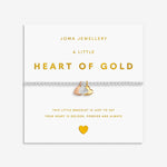 Joma jewellery stretch beaded bracelet with three solid hanging heart charms in silver, gold and rose gold plating presented on a foil stamped sentiment card.