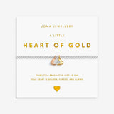 Joma jewellery stretch beaded bracelet with three solid hanging heart charms in silver, gold and rose gold plating presented on a foil stamped sentiment card.