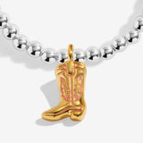 Joma Jewellery stretch beaded bracelet featuring a hanging cowgirl boot charm in gold plating presented on a foil stamped sentiment card.