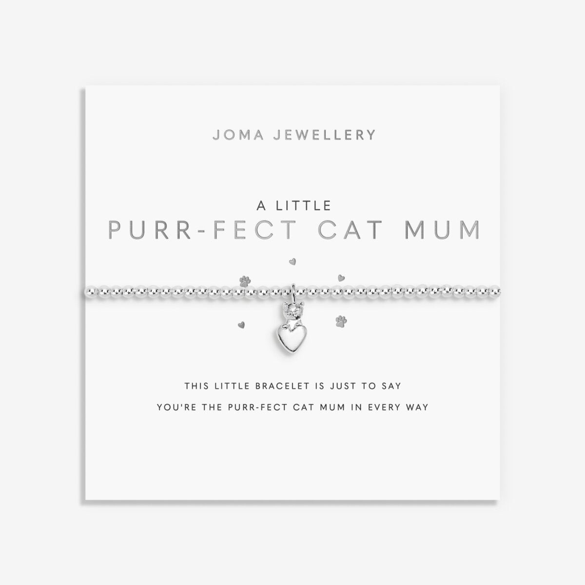 Joma jewellery stretch beaded bracelet with hanging charm featuring a cat and a heart presented on a foil stamped sentiment card.