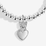 Joma jewellery stretch beaded bracelet with hanging charm featuring a cat and a heart presented on a foil stamped sentiment card.