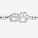 Joma jewellery silver plated stretch beaded bracelet with intertwined paw print charm presented on foil stamped sentiment card.