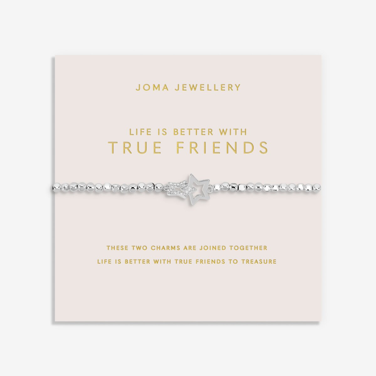 Joma Jewellery stretch beaded silver plated bracelet with intertwined star charm presented on blush pink foil stamped card.
