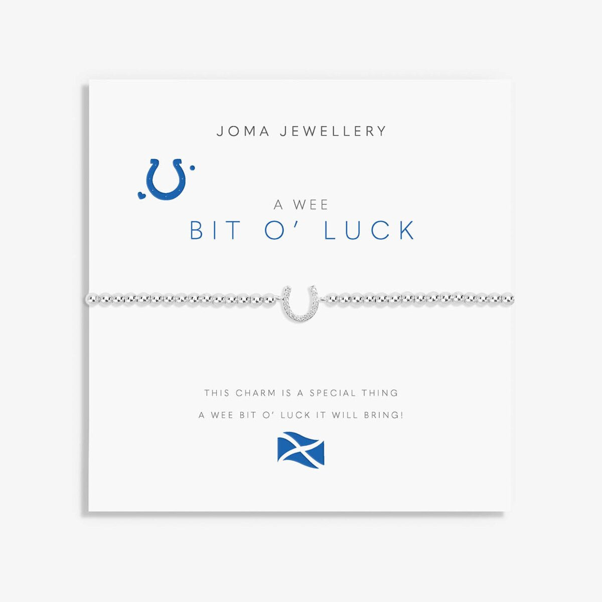 Joma jewellery stretch beaded bracelet with sparkly horseshoe charm presented on sentiment card.