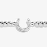 Joma jewellery stretch beaded bracelet with sparkly horseshoe charm presented on sentiment card.