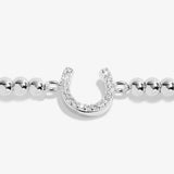 Joma jewellery stretch beaded bracelet with sparkly horseshoe charm presented on sentiment card.