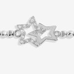 Joma Jewellery stretch beaded silver plated bracelet with intertwined star charm presented on blush pink foil stamped card.