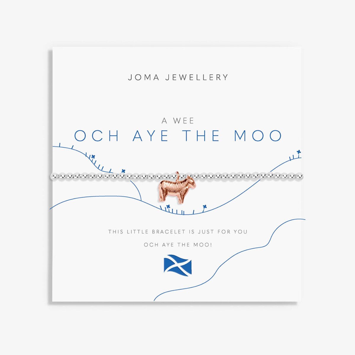 Joma jewellery stretch beaded bracelet with rose gold hanging highland cow charm.