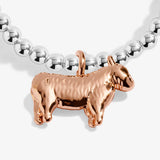 Joma jewellery stretch beaded bracelet with rose gold hanging highland cow charm.