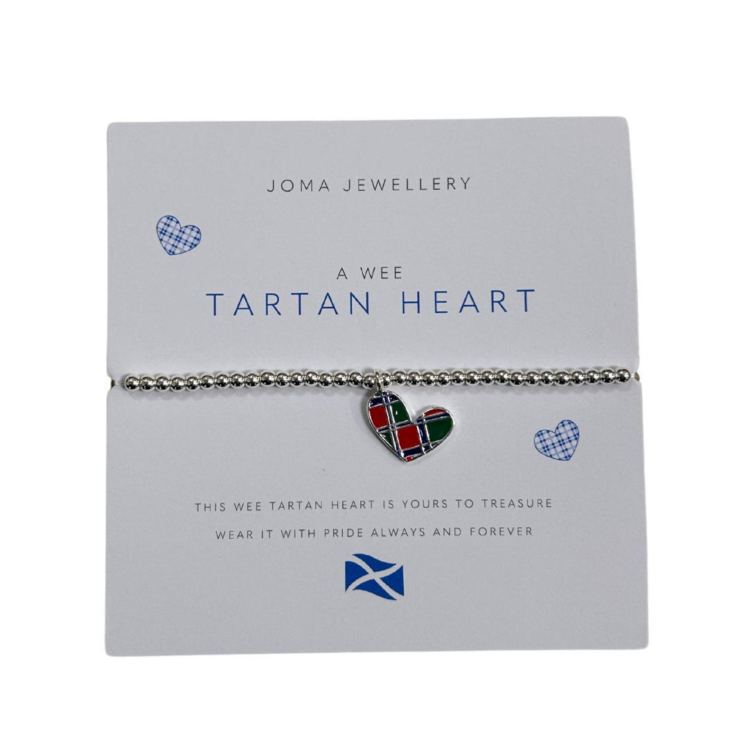 Joma Jewellery tartan heart bracelet on a display card with text