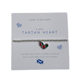 Joma Jewellery tartan heart bracelet on a display card with text