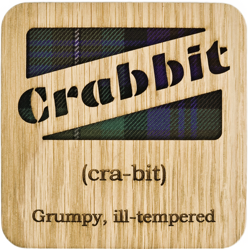 Scottish Crabbit square coaster with tartan insert, oak veneer and felt backing.