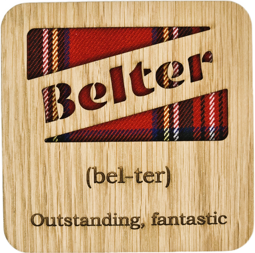 Scottish Tartan 'Belter' cut out coaster with oak veneer and felt backing.