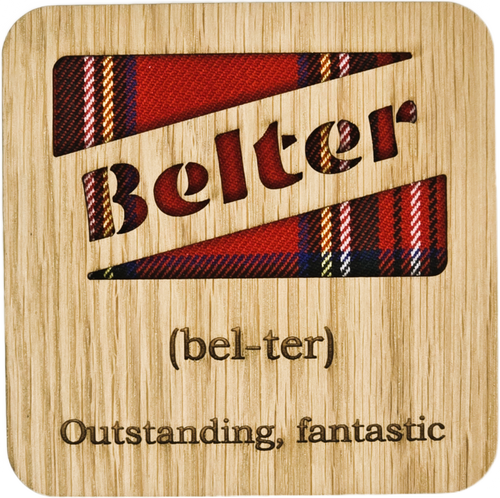 Scottish Tartan 'Belter' cut out coaster with oak veneer and felt backing.