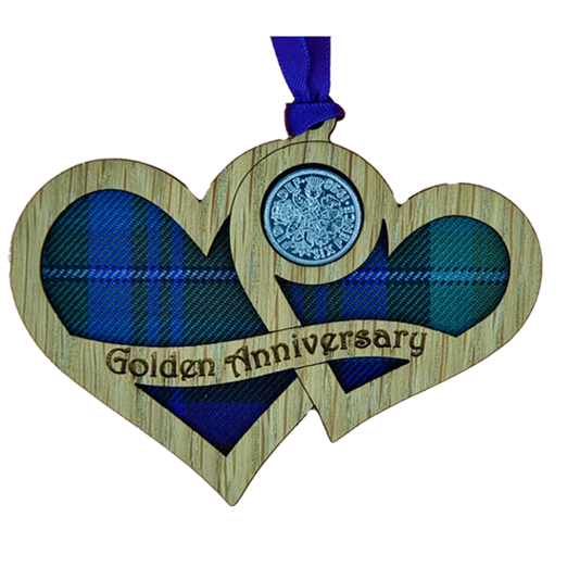 Hanging wooden hearts with tartan insert and lucky sixpence