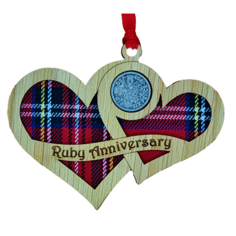 Hanging wooden hearts with tartan insert and lucky sixpence