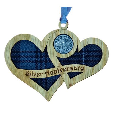 Wooden hanging heart with tartan insert and lucky sixpence