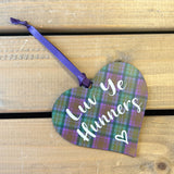 Wooden tartan heart with 'Luv Ye Hunners' text with purple ribbon for hanging.