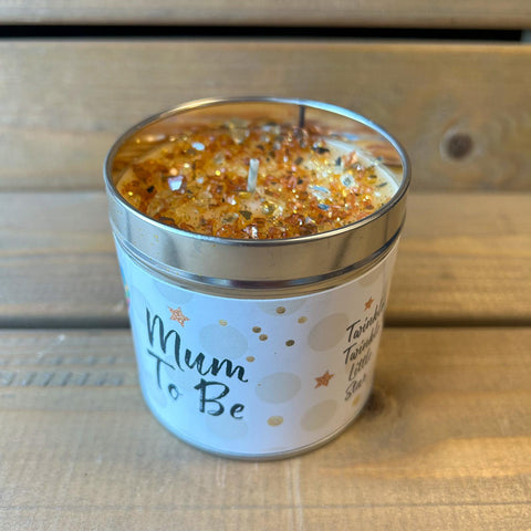 Tin Candle with added sparkle on top and sentiment which reads 'Mum To Be'