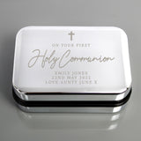 Personalised silver trinket box for Holy Communion
