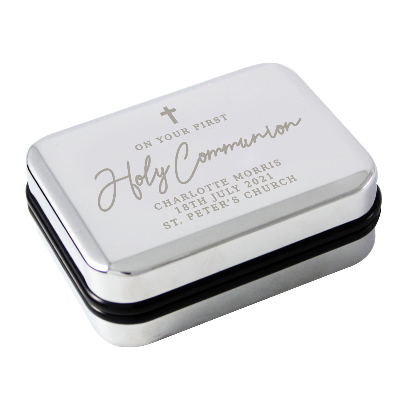 Personalised silver trinket box for Holy Communion