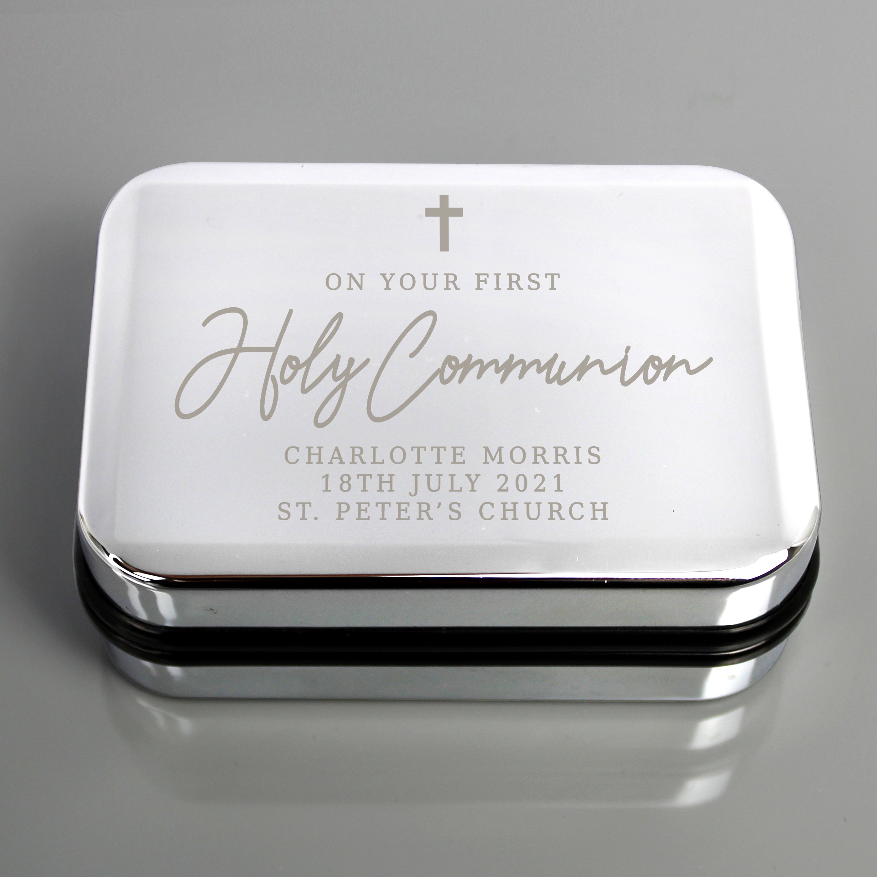 Personalised silver trinket box for Holy Communion