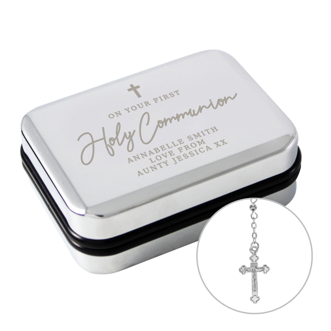 Nickel plated trinket box with rosary beads