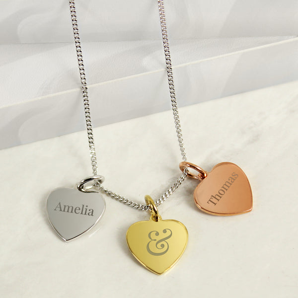 Personalised Couples Gold, Rose Gold and Silver Three Hearts Necklace