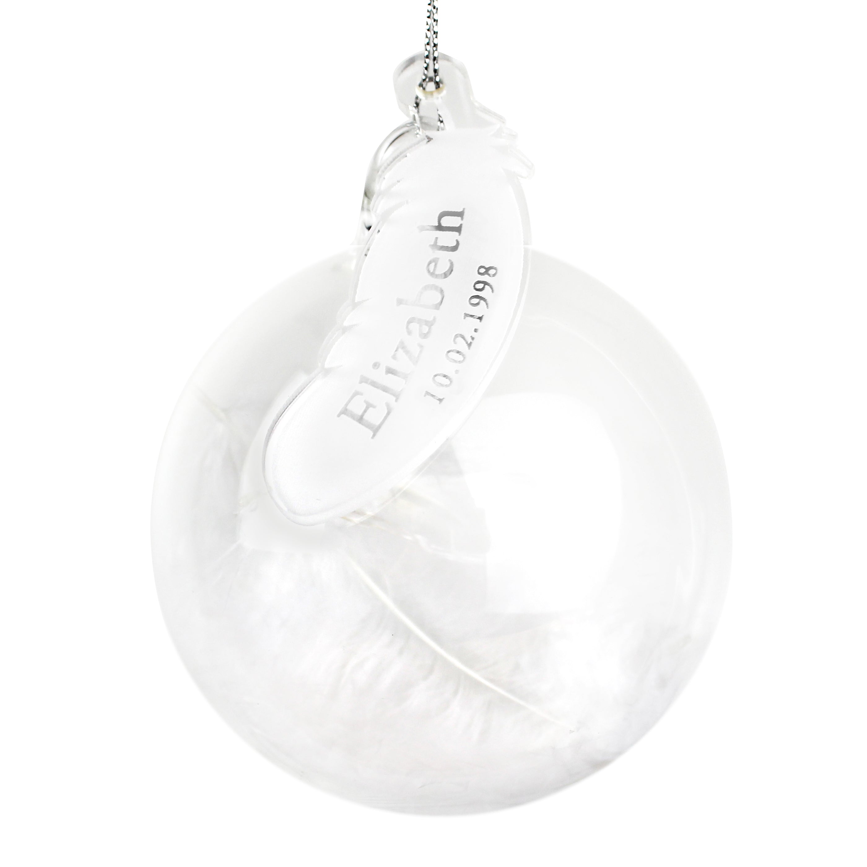 Glass bauble with feather tag
