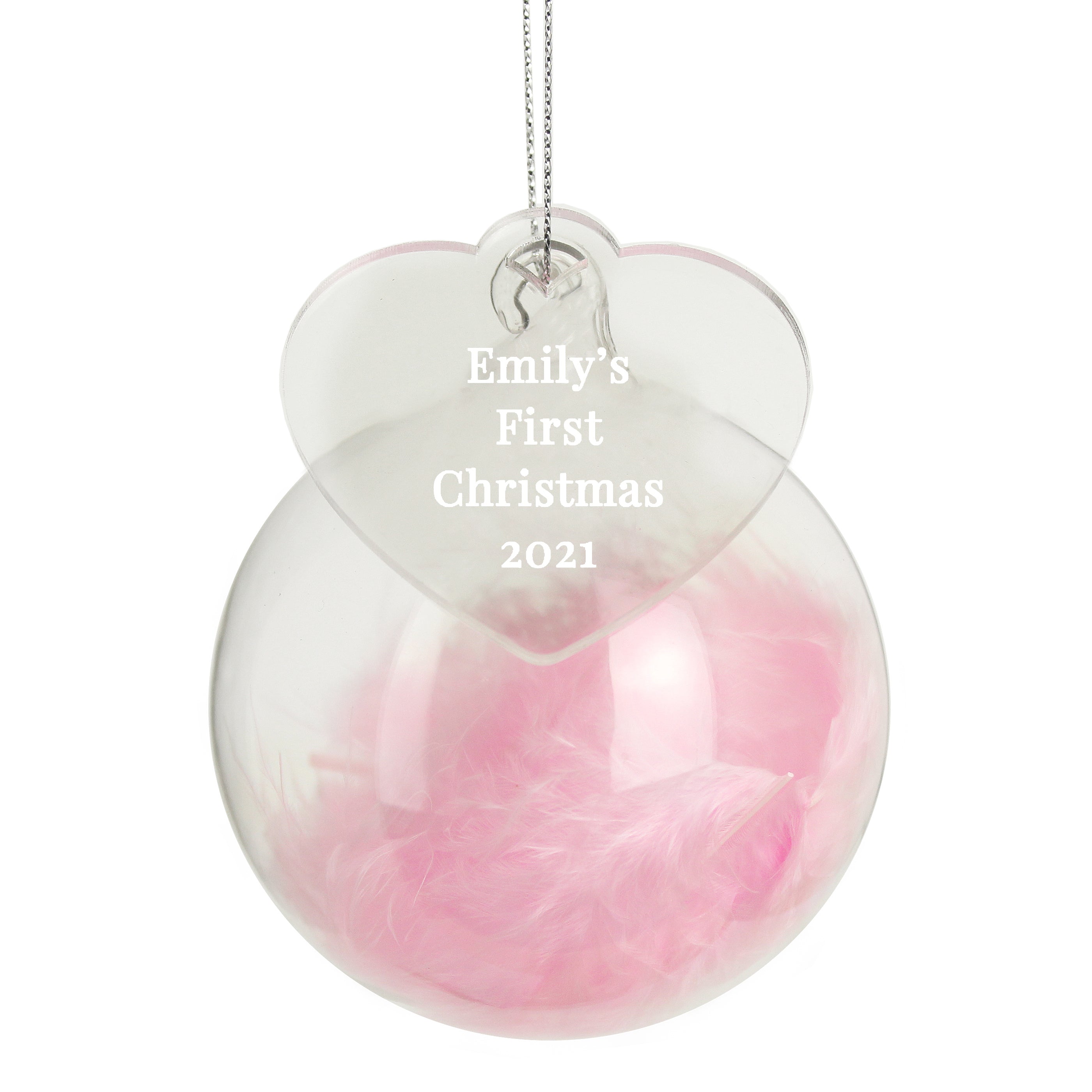Personalised Pink Feather Glass Bauble With Acrylic Heart Tag
