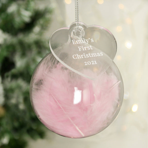 Personalised Pink Feather Glass Bauble With Acrylic Heart Tag