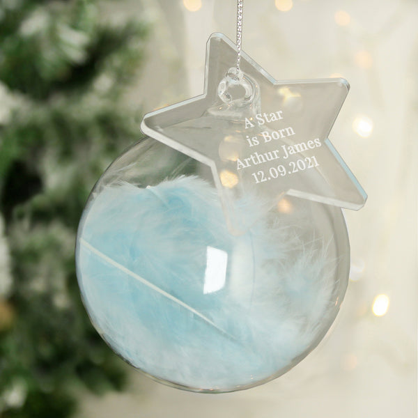 Personalised Glass Feather Bauble with Acrylic Tag