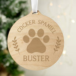 Wooden hanging Christmas decoration with paw print and personalised name