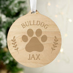 Wooden hanging Christmas decoration with paw print and personalised name