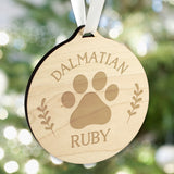 Wooden hanging Christmas decoration with paw print and personalised name