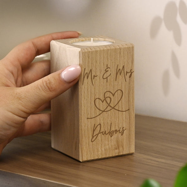 Personalised wooden engraved tealight holder with natural grain
