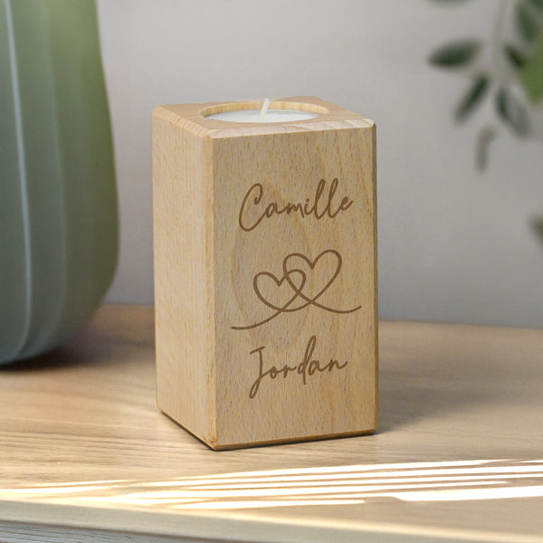 Personalised wooden engraved tealight holder with natural grain