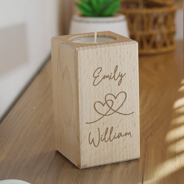 Personalised wooden engraved tealight holder with natural grain