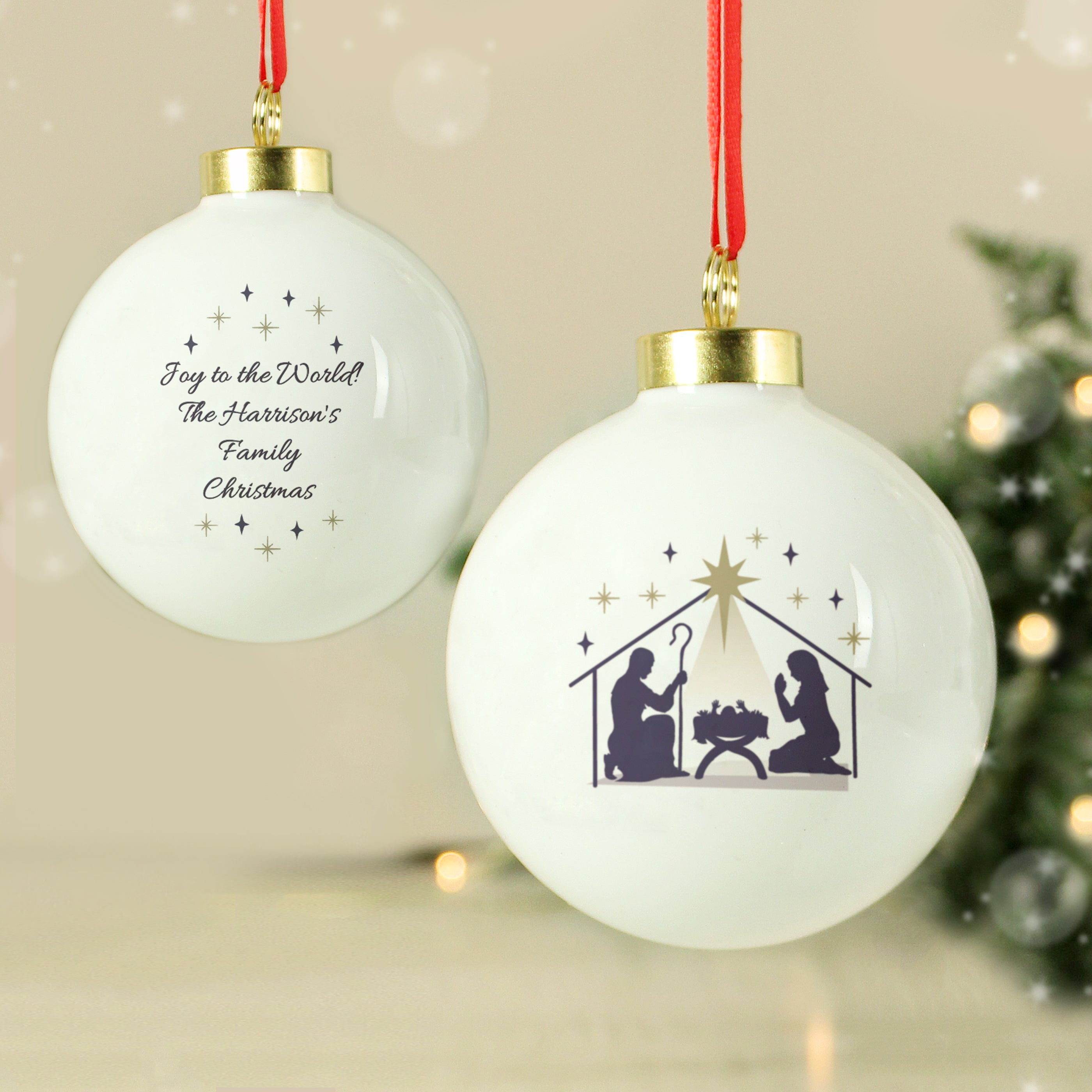 Personalised Christmas bauble with nativity scene