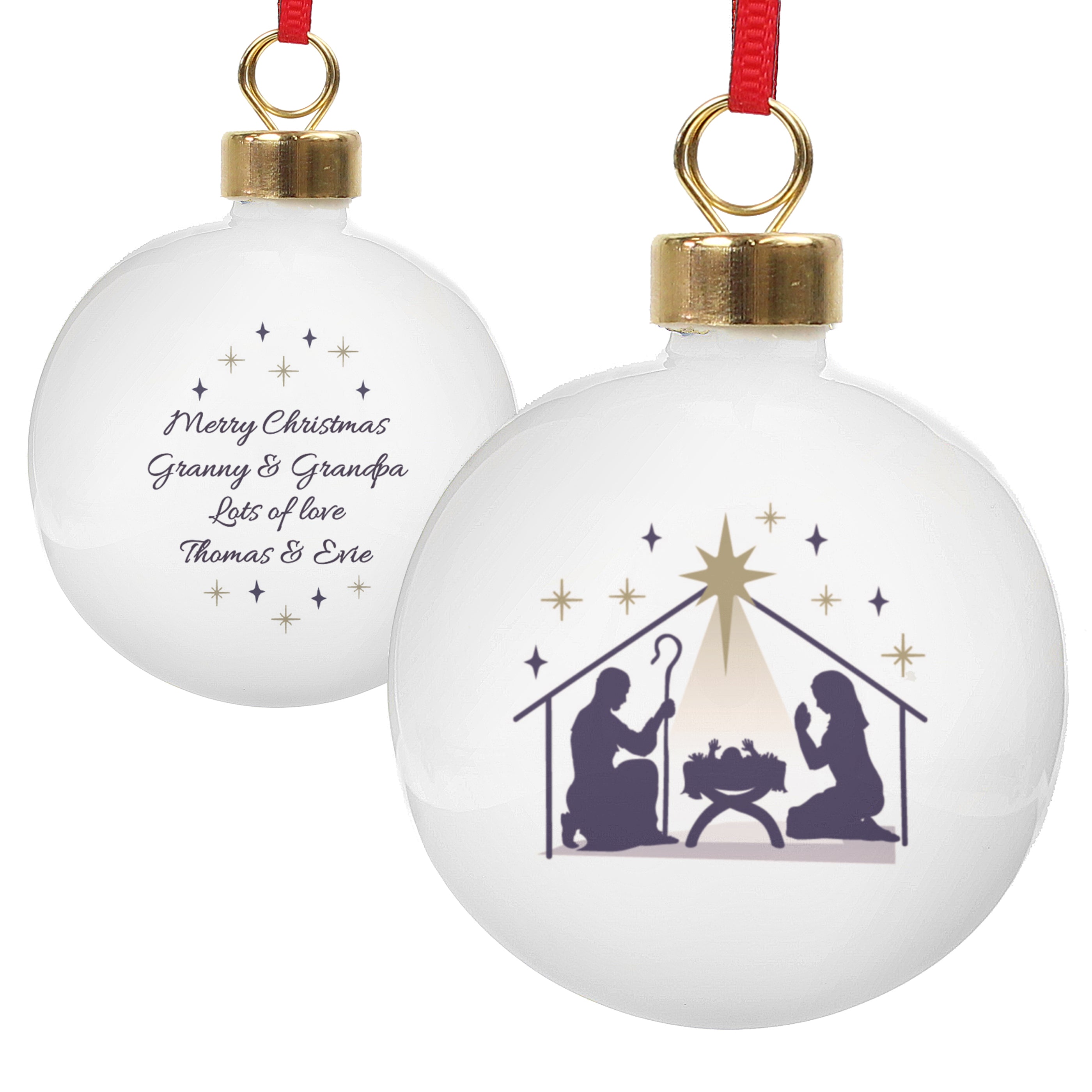 Personalised Christmas bauble with nativity scene