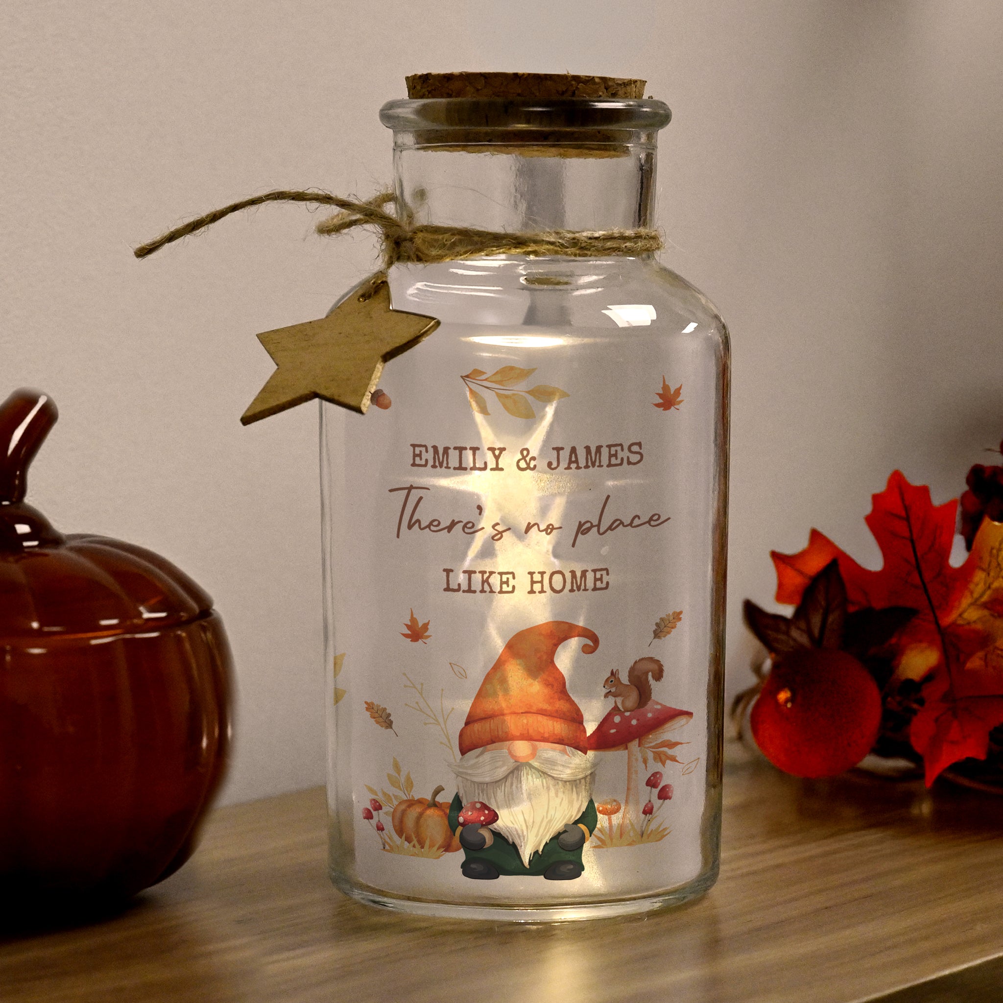 Personalised LED jar with Autumn gonk design.
