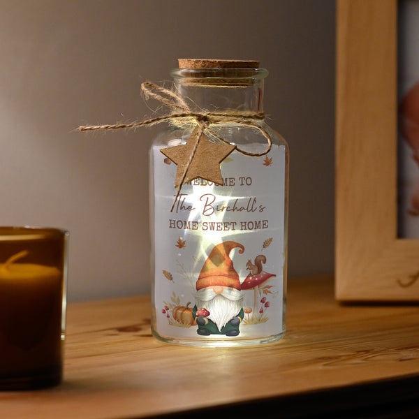 Personalised LED jar with Autumn gonk design.